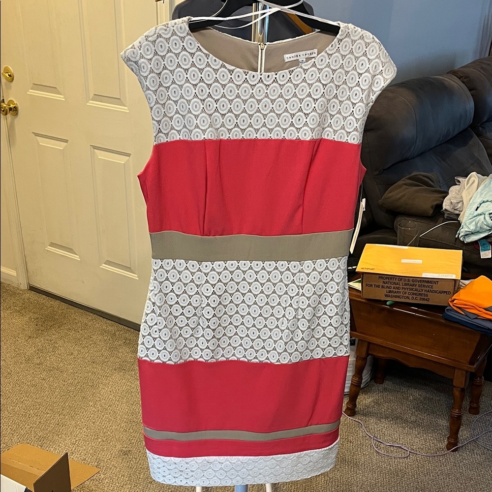 Sandra Darren Pink, Tan with White Lace Pattern Midi Dress